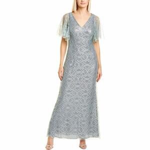 NWT JS Collections Sequin V-Neck Cape Gown Metallic Lace Light Blue Formal Dress